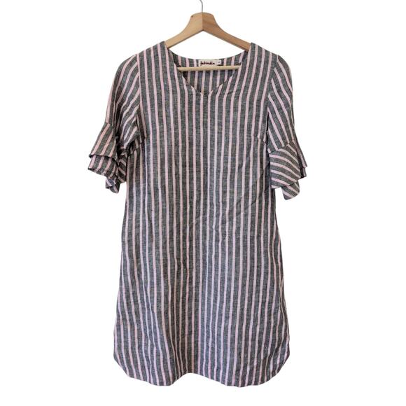 Fabindia Linen Shift Dress Pink Gray XS Ruffle Flare Sleeve Normcore Lagenlook - Picture 1 of 7
